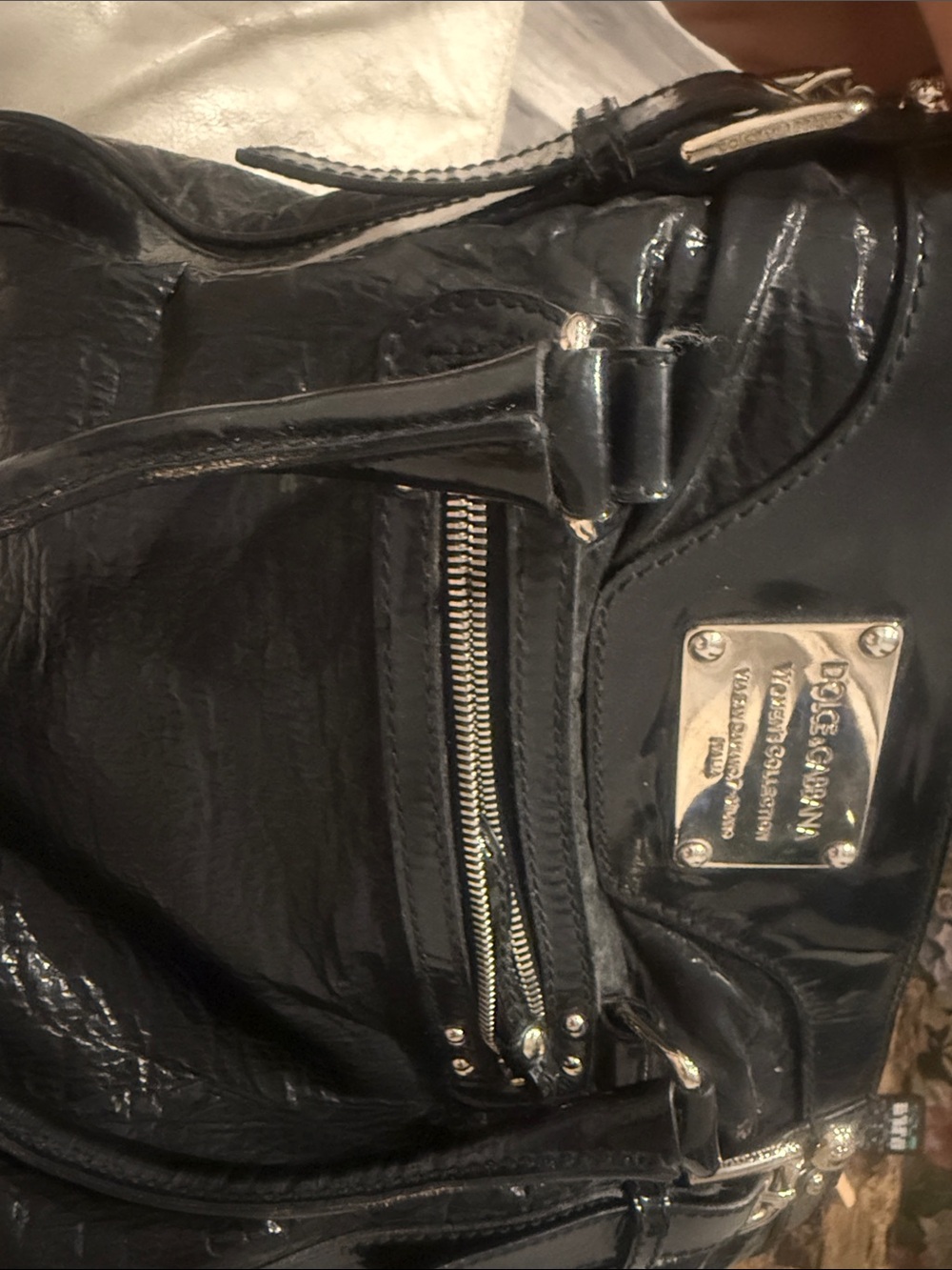 Dolce & Gabbana Black Patent Leather Shoulder Bag with Silver Plaque